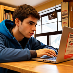 **

A determined-looking young adult, studying intently at a laptop in a cozy, warmly lit café. Around them are scattered well-used library books on hiking and rock climbing. In the background, a poster advertises "Subvenciones para Formación Deportiva" (Subsidies for Sports Training) and a Spanish flag is visible. The overall feeling should be one of resourcefulness, focus, and determination despite financial challenges.

**