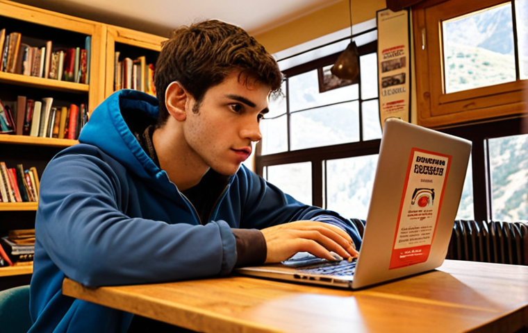 **
A determined-looking young adult, studying intently at a laptop in a cozy, warmly lit café. Around them are scattered well-used library books on hiking and rock climbing. In the background, a poster advertises "Subvenciones para Formación Deportiva" (Subsidies for Sports Training) and a Spanish flag is visible. The overall feeling should be one of resourcefulness, focus, and determination despite financial challenges.
**