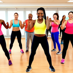 **Zumba class**: A diverse group of people enthusiastically dancing Zumba in a brightly lit studio, energetic music playing, everyone smiling and feeling confident, no one worried about judgment.