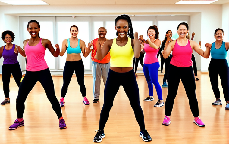 **Zumba class**: A diverse group of people enthusiastically dancing Zumba in a brightly lit studio, energetic music playing, everyone smiling and feeling confident, no one worried about judgment.