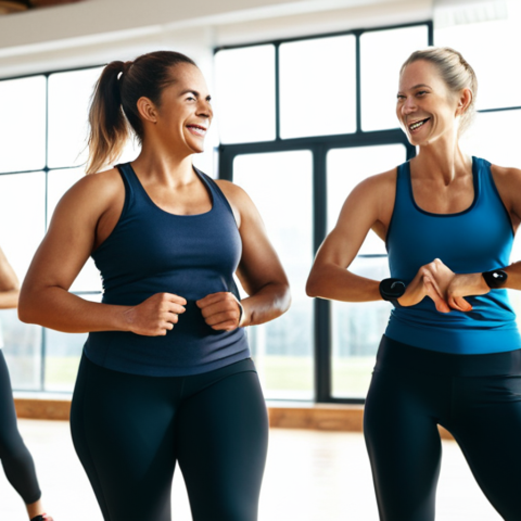 **

A smiling athletic woman, fully clothed in modern workout attire (leggings and a breathable top), is leading a fitness class in a bright, airy studio. Sunlight streams through large windows. Participants of mixed ages and fitness levels are enthusiastically following her instructions. The atmosphere is energetic and positive. Focus on the instructor's confident and encouraging expression. Safe for work, appropriate content, fully clothed, professional, perfect anatomy, natural proportions, high resolution, realistic style.

**