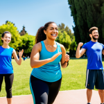 **

"A cheerful, fully clothed sports instructor leading a group of diverse people in an outdoor fitness class in a sunny Spanish park. Everyone is smiling and engaged in a dynamic exercise routine. Focus on energy and inclusivity. Safe for work, appropriate content, family-friendly atmosphere. High quality, professional photography."

**