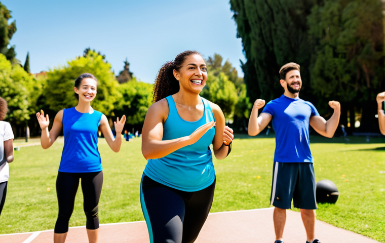 **

"A cheerful, fully clothed sports instructor leading a group of diverse people in an outdoor fitness class in a sunny Spanish park. Everyone is smiling and engaged in a dynamic exercise routine. Focus on energy and inclusivity. Safe for work, appropriate content, family-friendly atmosphere. High quality, professional photography."

**