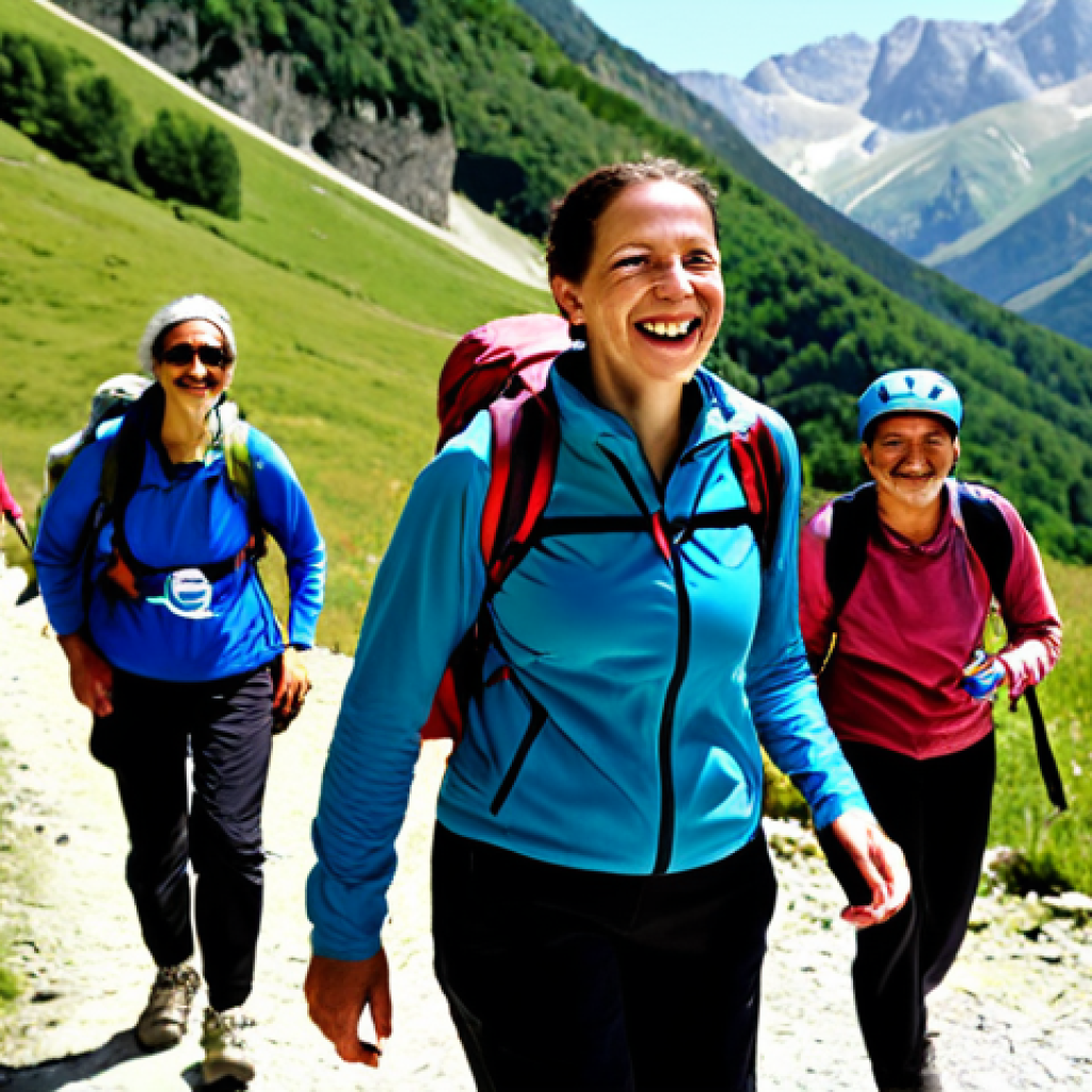 레저스포츠지도자 자격증 활용 가능한 직업 - Hiking Instructor**
"A cheerful woman in professional hiking gear, leading a group of diverse peopl...