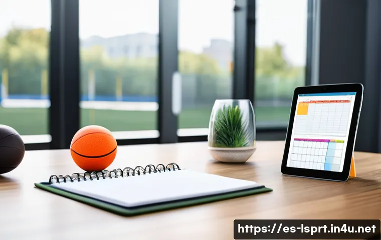 레저스포츠지도자 업무에서의 시간 관리 비법 - A well-organized sports coordinator sitting at a wooden desk in a bright, modern office, surrounded ...