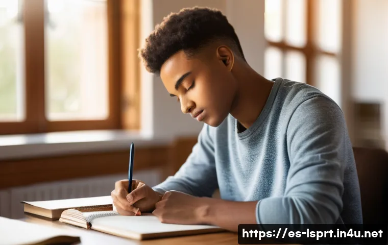 레저스포츠지도자 실기시험 대비 멘탈 관리법 - A young adult student sitting at a desk in a cozy, sunlit room, eyes closed with a serene expression...