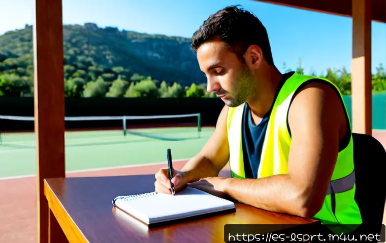 Home 17 레저스포츠지도자 업무일지 작성 예시 - Photorealistic leisure sports instructor at a sunny Spanish community sports center, seated at a cle...