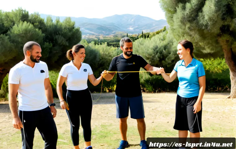 Home 17 레저스포츠지도자와 팀 빌딩 활동 아이디어 - Photorealistic outdoor team-building activity in a sunny Spanish countryside park, a diverse group o...